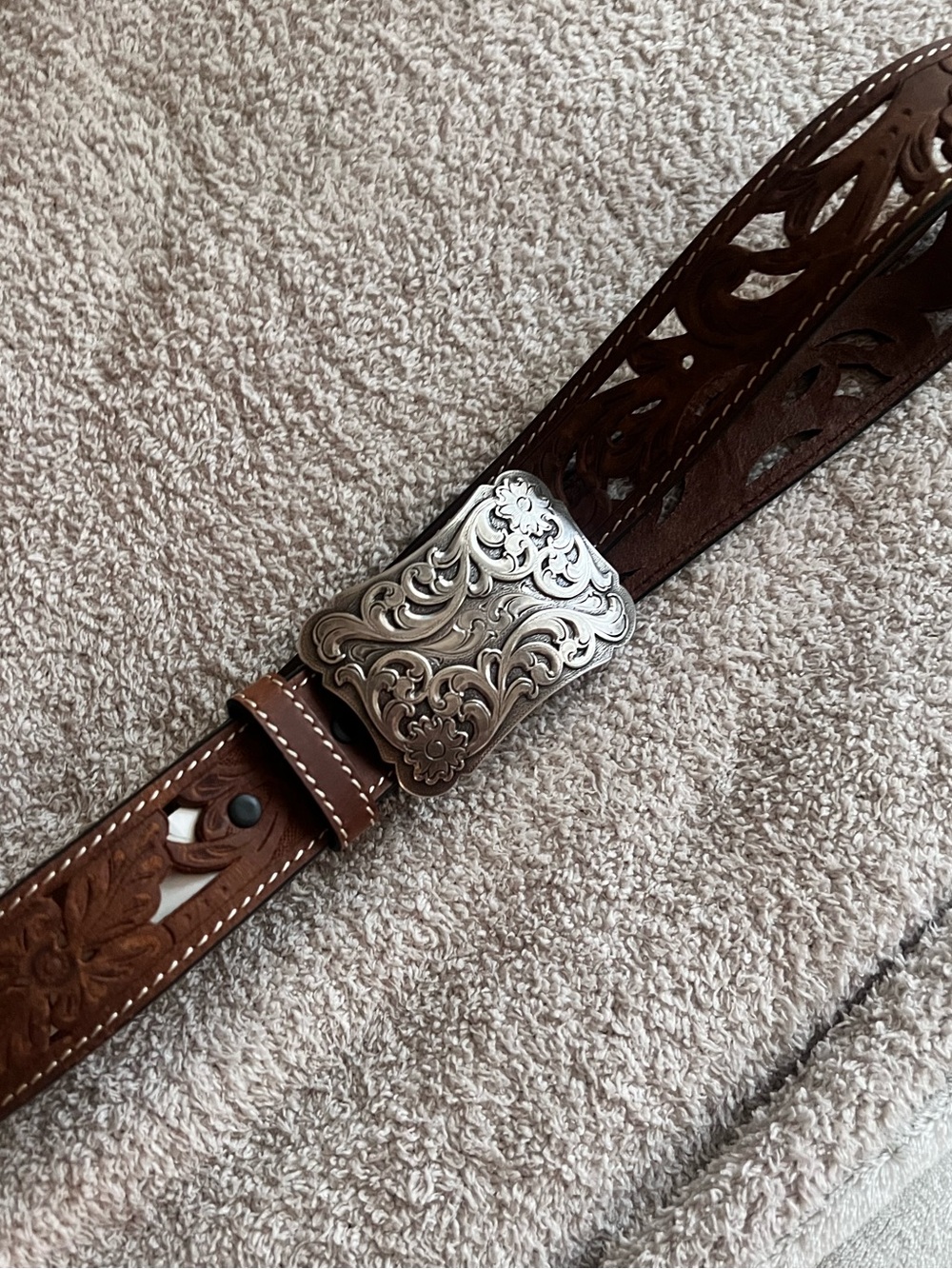 Ariat Brown Tooled Leather Belt with Engraved Silver Buckle